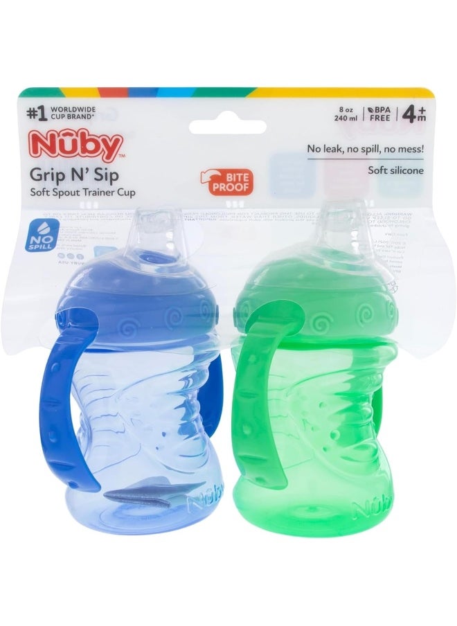 Nuby 2-Pack No-Spill Super Spout Grip N' Sip Cup, Red and Blue