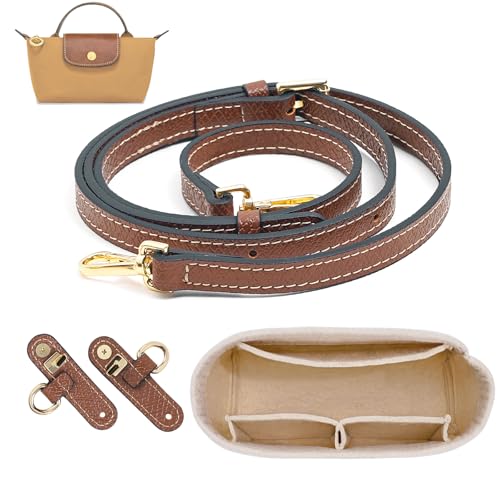 LOUKAYCCI 2 Kit Mini Bag Leather Shoulder Strap and Felt Purse Organizer Insert for Longchamp mini XS Bag Punch-Free Adjustable Buckle Design（Beige & Strap） - Image 1