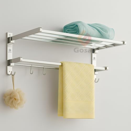 GOSAI Stainless Steel Towel Rack for Bathroom Wall Mounted, Rustproof Towel Holder with Shelf & Hooks Heavy Duty Bathroom Organizer Bathroom Accessories (18 Inch, Silver) - Image 1