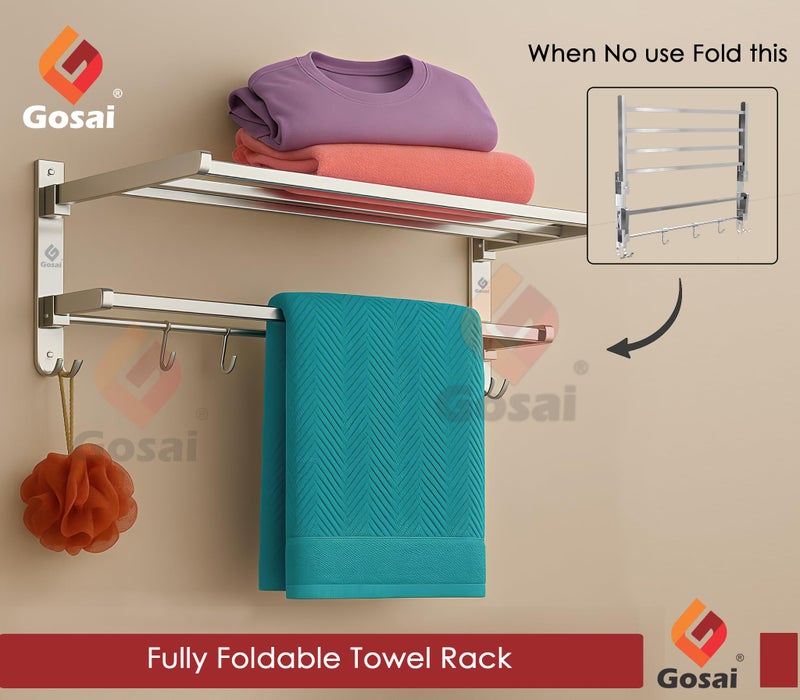 GOSAI Stainless Steel Towel Rack for Bathroom Wall Mounted, Rustproof Towel Holder with Shelf & Hooks Heavy Duty Bathroom Organizer Bathroom Accessories (18 Inch, Silver) - Image 4