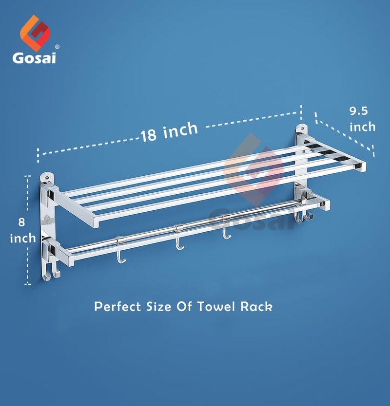 GOSAI Stainless Steel Towel Rack for Bathroom Wall Mounted, Rustproof Towel Holder with Shelf & Hooks Heavy Duty Bathroom Organizer Bathroom Accessories (18 Inch, Silver) - Image 3