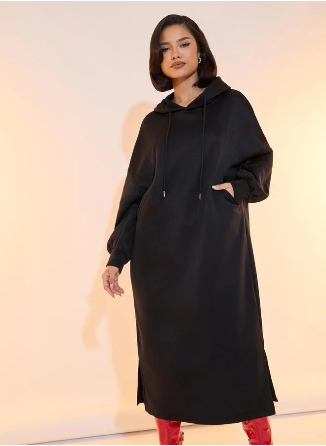 Take Two Solid Drop Shoulder Hooded Sweatshirt Midi Dress