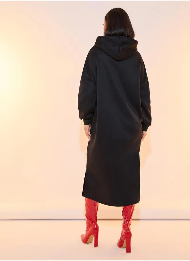 Take Two Solid Drop Shoulder Hooded Sweatshirt Midi Dress