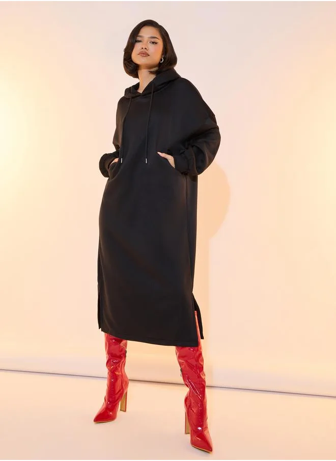 Take Two Solid Drop Shoulder Hooded Sweatshirt Midi Dress