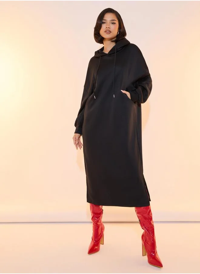 Take Two Solid Drop Shoulder Hooded Sweatshirt Midi Dress