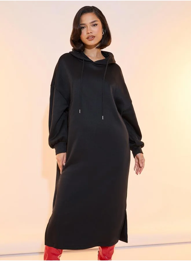Take Two Solid Drop Shoulder Hooded Sweatshirt Midi Dress