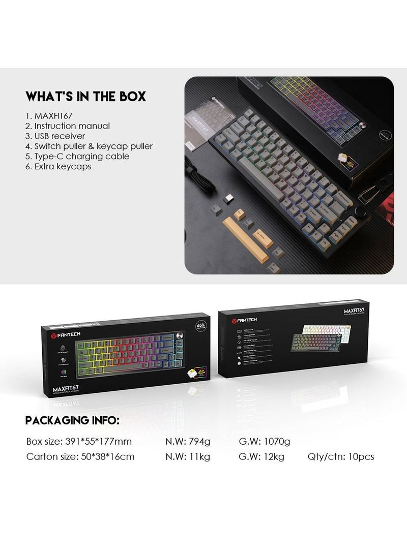 FANTECH - FANTECH MAXFIT67 3-Mode Custom Mechanical Gaming Keyboard RGB Backlit, 65% (67-Key) Hot Swappable Bluetooth/2.4G Wireless/Type-C Wired South Facing Mechanical Keyboard, Kailh White Switch - Image 1