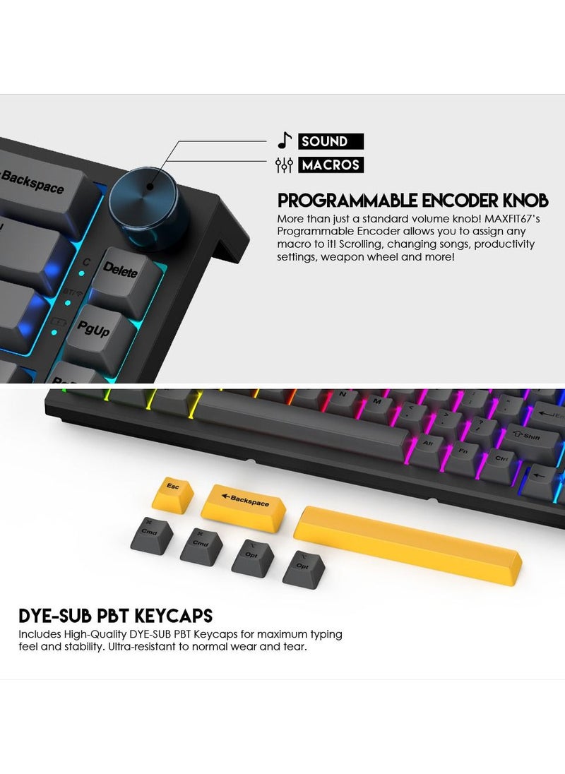 FANTECH - FANTECH MAXFIT67 3-Mode Custom Mechanical Gaming Keyboard RGB Backlit, 65% (67-Key) Hot Swappable Bluetooth/2.4G Wireless/Type-C Wired South Facing Mechanical Keyboard, Kailh White Switch - Image 1