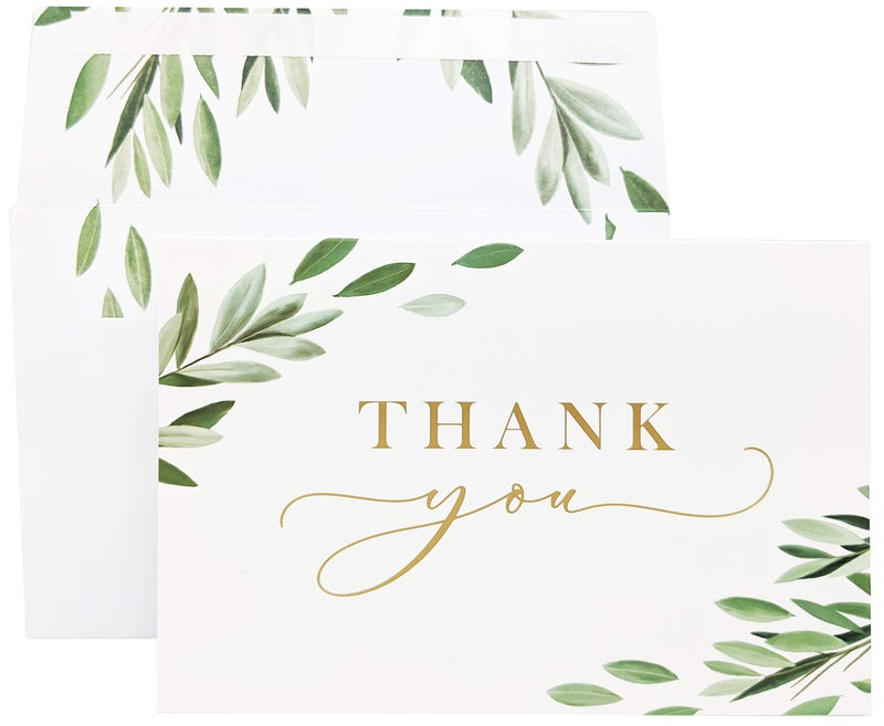 Gooji 4x6 Greenery Leaves Gold Foil Thank You Cards (Bulk 20-Pack) Matching Peel-and-Seal White Envelopes | Assorted Set, Watercolor | Birthday Party, Baby Shower, Weddings, Greeting, Blank Notes - Image 1