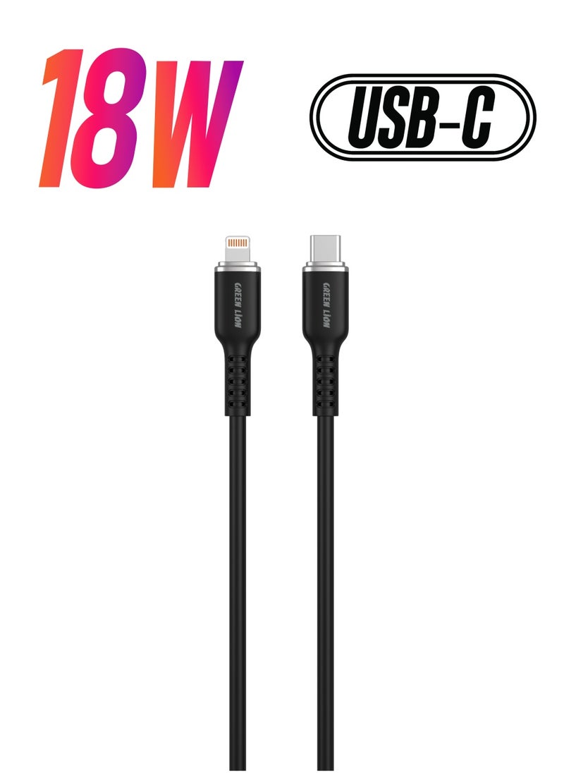 GREEN LION USB-C TO Lightning Silicone Cable / 18W Current / High Transfer Speed / Secure & Safe / Charge & Sync / 10,000 Bends / Wide Compatible / Long Length Cable - Black  - Image 1