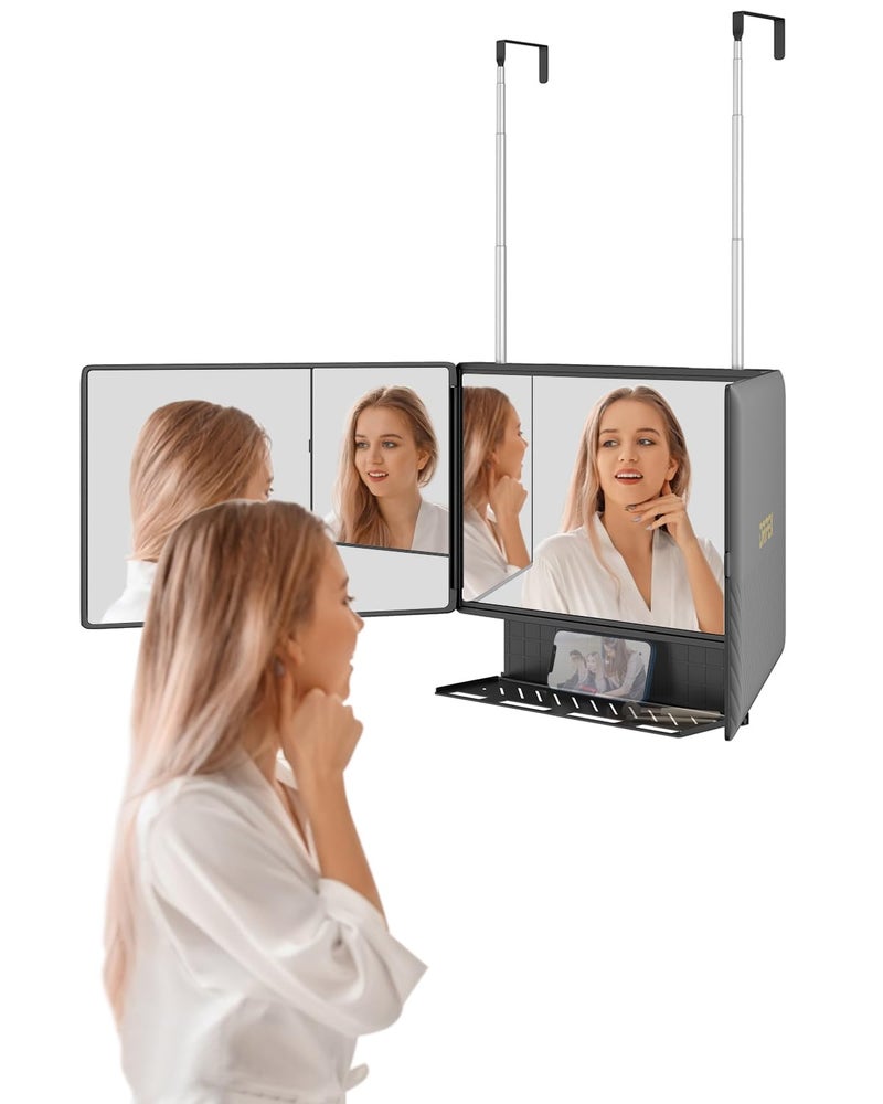 Dripex 3 Way Mirror with Storage Shelf, Trifold Self Haircut 360Â° Barber Mirror with Height Adjustable Hooks for Makeup, Styling, Shaving, Braiding, Dye Hair - Image 1