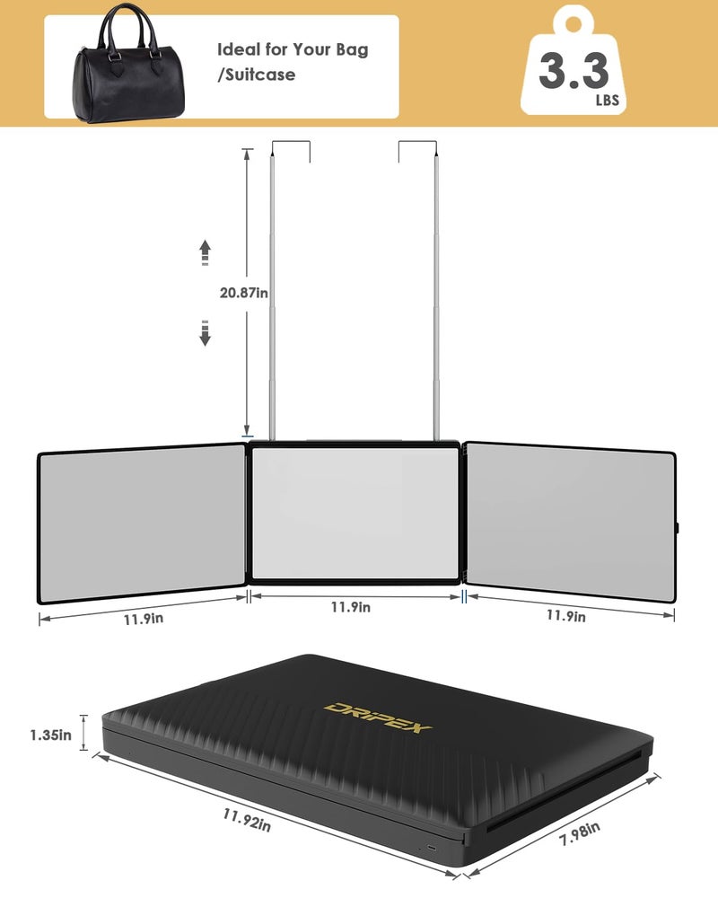 Dripex 3 Way Mirror with Storage Shelf, Trifold Self Haircut 360Â° Barber Mirror with Height Adjustable Hooks for Makeup, Styling, Shaving, Braiding, Dye Hair - Image 3