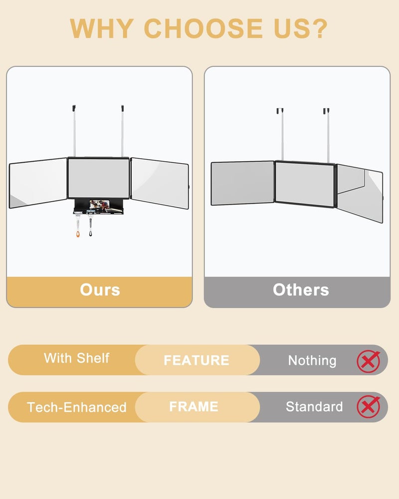 Dripex 3 Way Mirror with Storage Shelf, Trifold Self Haircut 360Â° Barber Mirror with Height Adjustable Hooks for Makeup, Styling, Shaving, Braiding, Dye Hair - Image 2