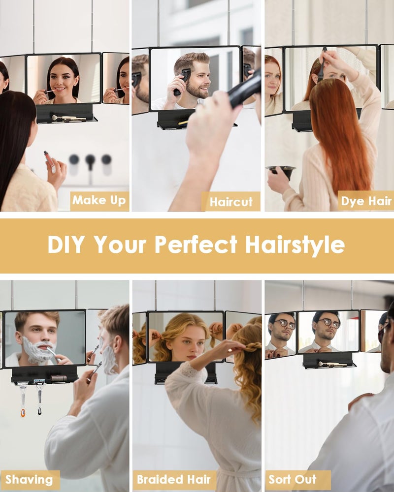 Dripex 3 Way Mirror with Storage Shelf, Trifold Self Haircut 360Â° Barber Mirror with Height Adjustable Hooks for Makeup, Styling, Shaving, Braiding, Dye Hair - Image 5