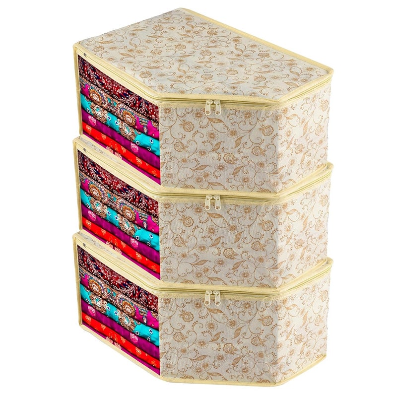 Kuber Industries Blouse Cover Zipper Clothes Storage Bag NonWoven Wardrobe Organiser Side Transparent Blouse Organizer LeafDesign Pack of 3 Cream - Image 1