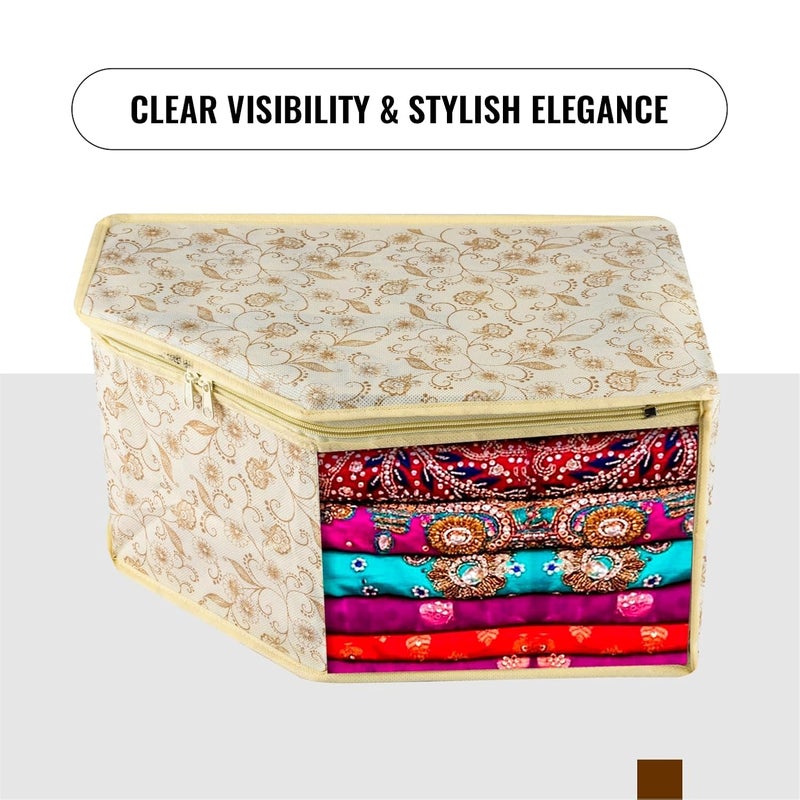 Kuber Industries Blouse Cover Zipper Clothes Storage Bag NonWoven Wardrobe Organiser Side Transparent Blouse Organizer LeafDesign Pack of 3 Cream - Image 4