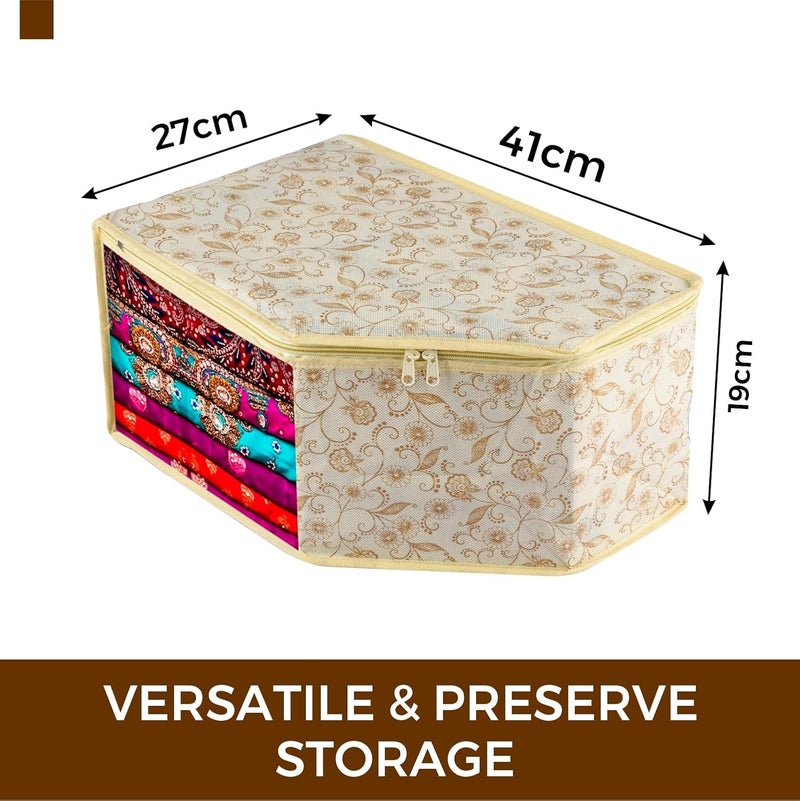 Kuber Industries Blouse Cover Zipper Clothes Storage Bag NonWoven Wardrobe Organiser Side Transparent Blouse Organizer LeafDesign Pack of 3 Cream - Image 3