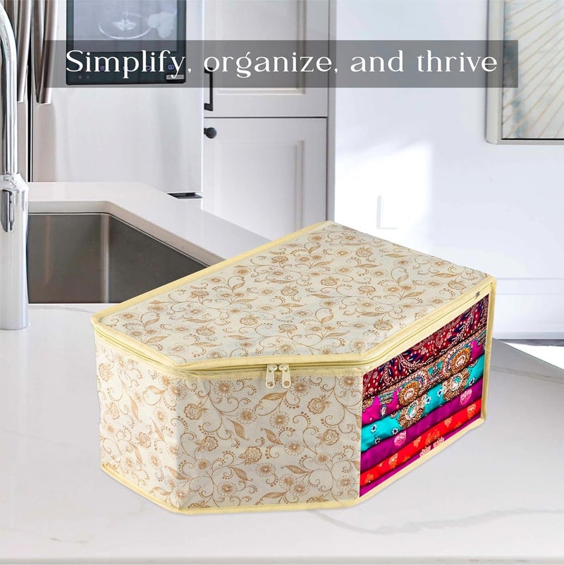 Kuber Industries Blouse Cover Zipper Clothes Storage Bag NonWoven Wardrobe Organiser Side Transparent Blouse Organizer LeafDesign Pack of 3 Cream - Image 5