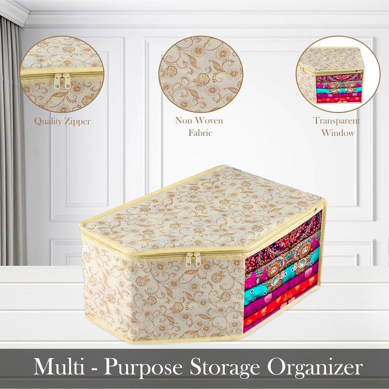 Kuber Industries Blouse Cover Zipper Clothes Storage Bag NonWoven Wardrobe Organiser Side Transparent Blouse Organizer LeafDesign Pack of 3 Cream - Image 2