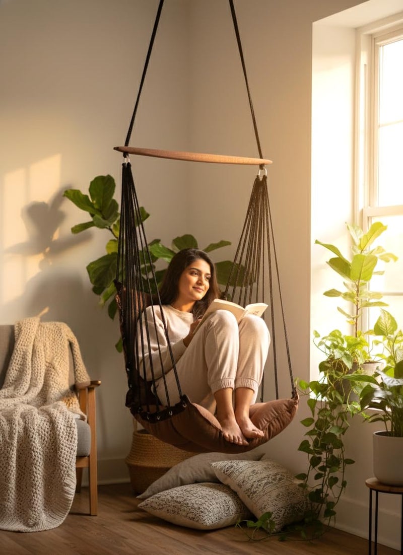Patiofy Soft Cotton Hammock Hanging Swing for Adults & Kids/Swing Chair for Home/Jhula for Adults/Swing for Living Room/Swing for Home Balcony/Hanging Jhula Chair (Brown) - Image 1