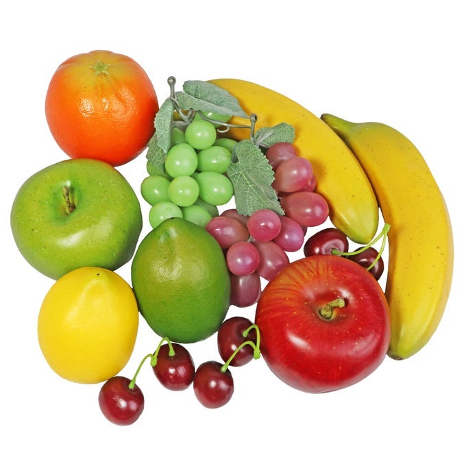 FAKE FRUIT ARTIFICIAL REALISTIC LIFELIKE DECORATIVE FOAM FRUITS VEGETABLES FOR HAND MADE HOME KITCHEN PARTY DECOR 12PCS ASSORTED FRUIT MIX APPLES LEMONS ORANGES BANANAS GRAPES CHERRIES