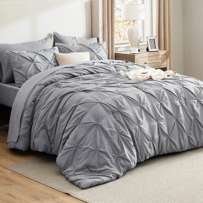 Bedsure Bedsure California King Comforter Set Grey  Bed in a Bag California King Size 7 Pieces GentleSoft Pintuck Bed Set Gift for Family Pinch Pleat Grey Comforter with Sheets Pillowcases  Shams 