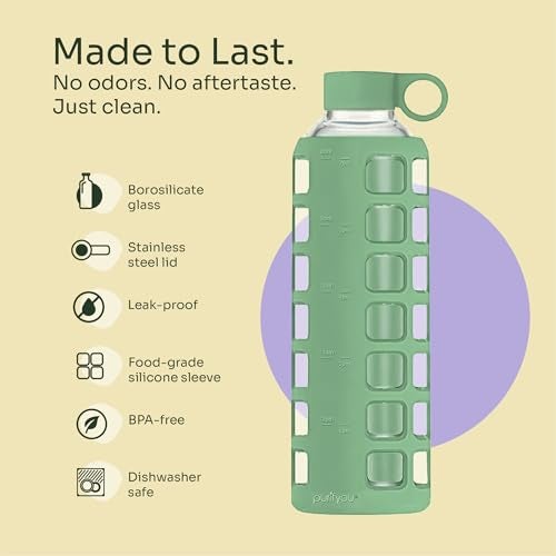 purifyou 40oz / 32oz / 22oz / 12oz Borosilicate Glass Water Bottle with Time & Volume Markers, Silicone Sleeve, Stainless Steel Lid | Reusable Glass Bottle for Water & Juice (32oz Shale Green) - Image 4