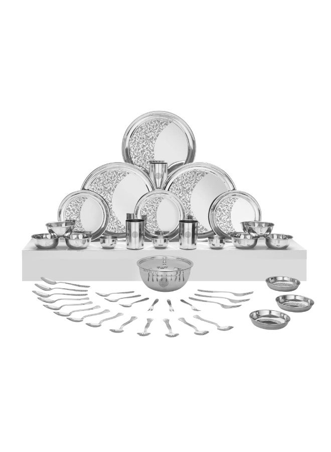 Shri & Sam Designer Stainless Steel Shagun Laser Bloom Dinner Set, 45 Pieces, Silver - Image 1
