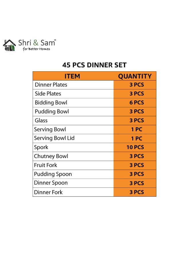 Shri & Sam Designer Stainless Steel Shagun Laser Bloom Dinner Set, 45 Pieces, Silver - Image 2