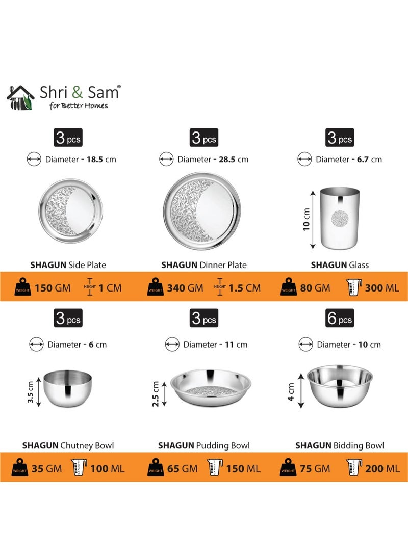 Shri & Sam Designer Stainless Steel Shagun Laser Bloom Dinner Set, 45 Pieces, Silver - Image 4