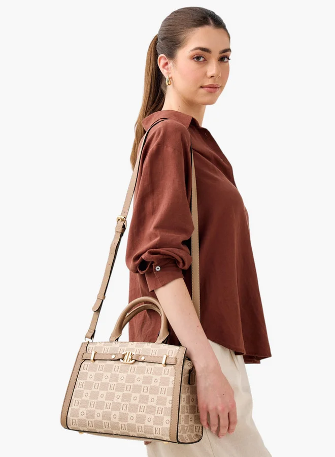 ELLE Monogram Print Tote Bag with Double Handle and Zip Closure