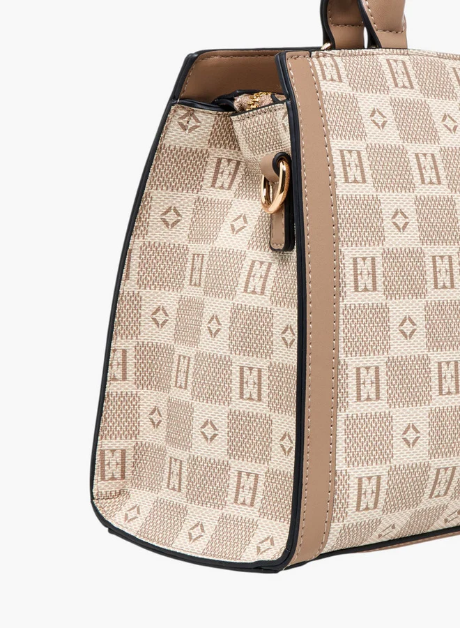 ELLE Monogram Print Tote Bag with Double Handle and Zip Closure