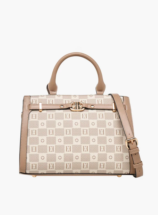 ELLE Monogram Print Tote Bag with Double Handle and Zip Closure