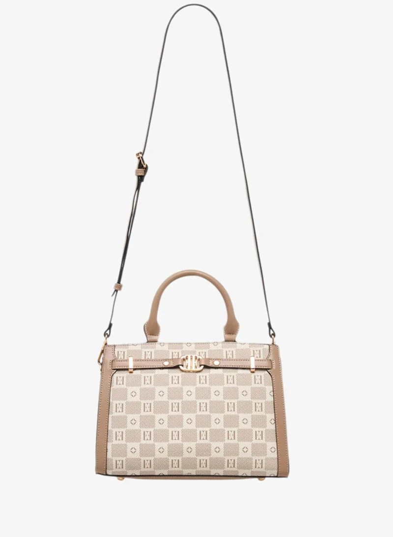 ELLE  Monogram Print Tote Bag with Double Handle and Zip Closure for Women | Best Price UAE