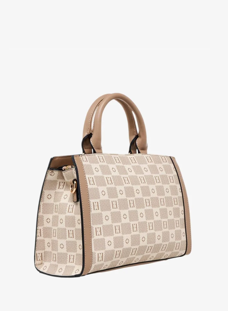 ELLE  Monogram Print Tote Bag with Double Handle and Zip Closure for Women | Best Price UAE