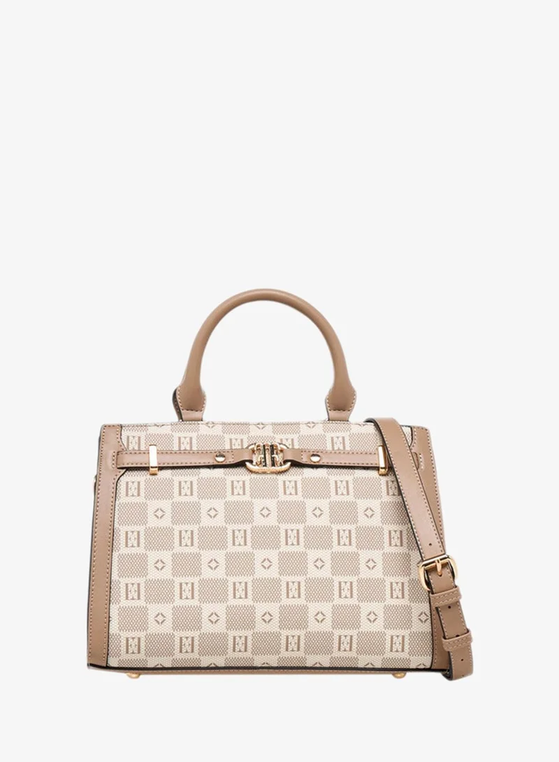 Monogram Print Tote Bag with Double Handle and Zip Closure