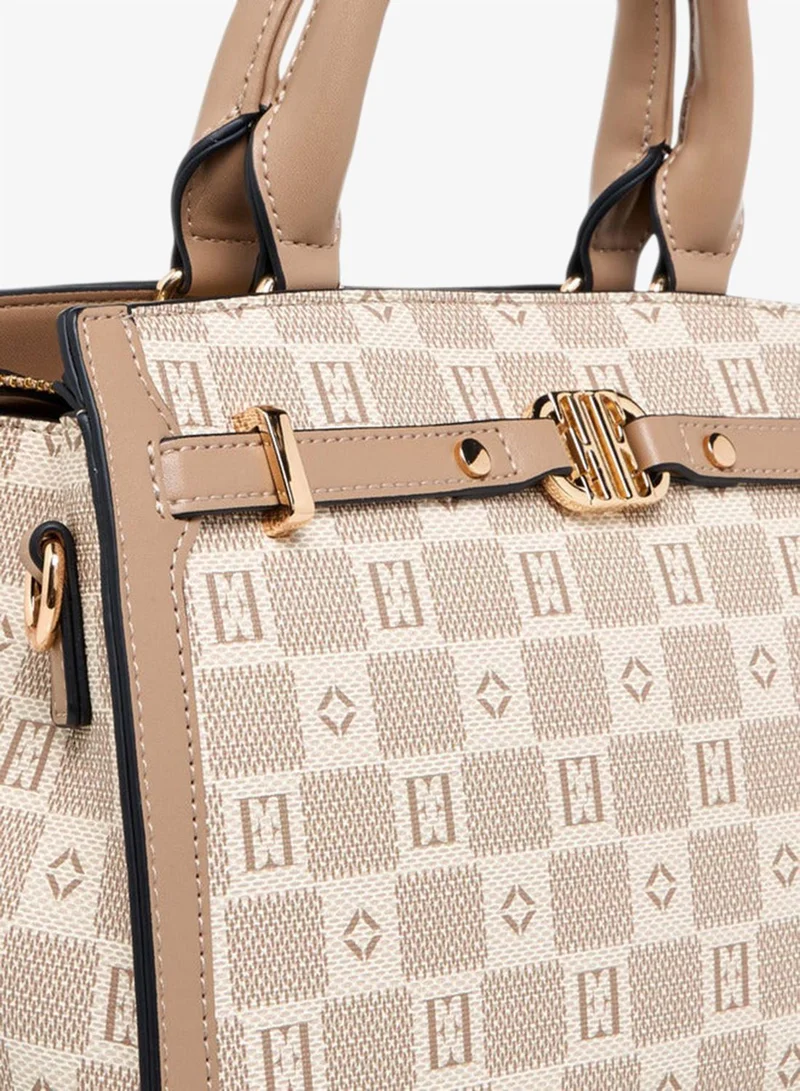 ELLE  Monogram Print Tote Bag with Double Handle and Zip Closure for Women | Best Price UAE