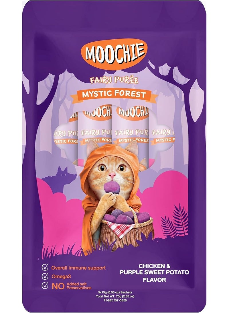 Moochie مكافاة قطط رطبة بنكهة الدجاج و البطاطس الحلوة لقطط الصغيرة و البالغة, مكون من 5 أكياس بوزن 15 جرام, مع أوميجا 3 - Image 1