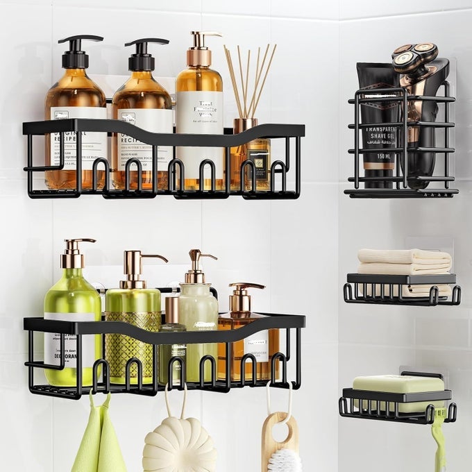 SHOWER CADDIES 5 IN 1 COMBO ADHESIVE HANGING SHELF BATHROOM ORGANIZERS AND STORAGE NO DRILLING STAINLESS SHELVES FOR HOME DECOR BATHROOM ACCESSORIES