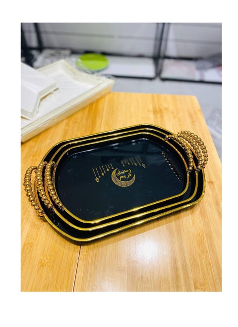 Ramadan Tray Set Bubbles Hand - 3 Different Sizes for Elegant Serving F (Black, Square)