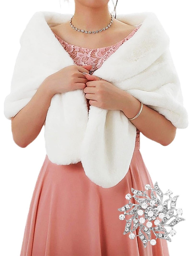 GORAIS Women's Wedding Faux Fur Shawls and Wraps Bridal Fur Scarf Stoles with Brooch for Bride and Bridesmaids (US 4-14(S-M), B White) - Image 1