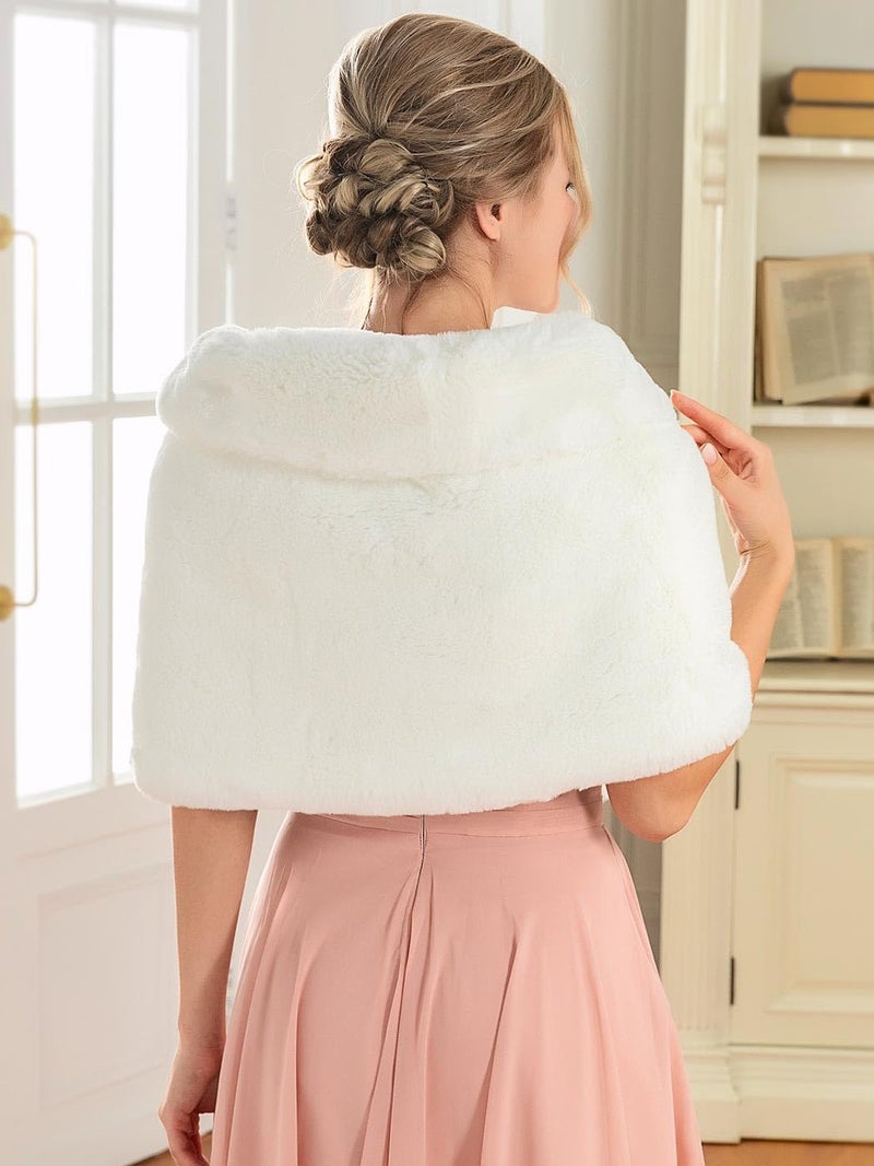 GORAIS Women's Wedding Faux Fur Shawls and Wraps Bridal Fur Scarf Stoles with Brooch for Bride and Bridesmaids (US 4-14(S-M), B White) - Image 4