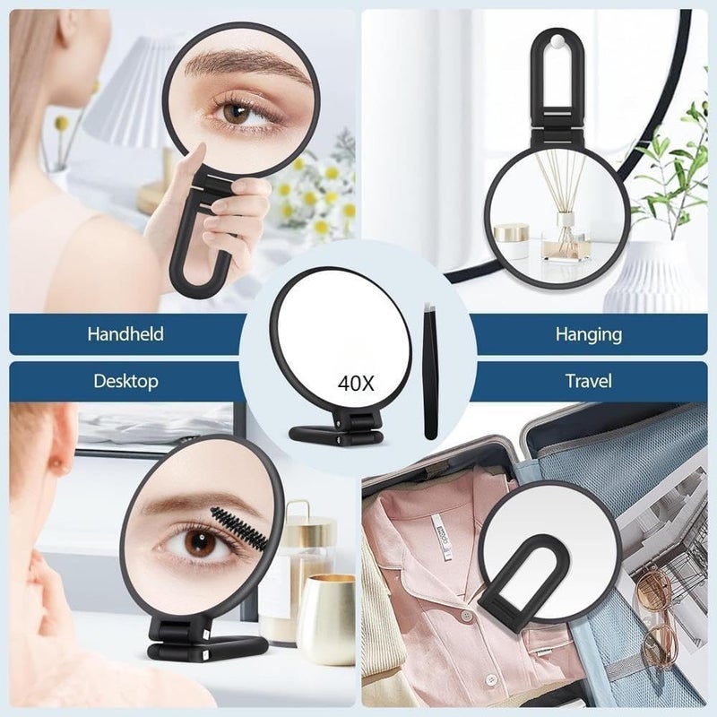 Tazweeq 40x Magnifying Mirror, Travel Hand Mirrors with Handle - Double Side Mirror, with 1X 40X Magnification & Adjustable Handle/Stand, Hand Held Foldable Travel Mirror for Makeup (Black Gold) - Image 4