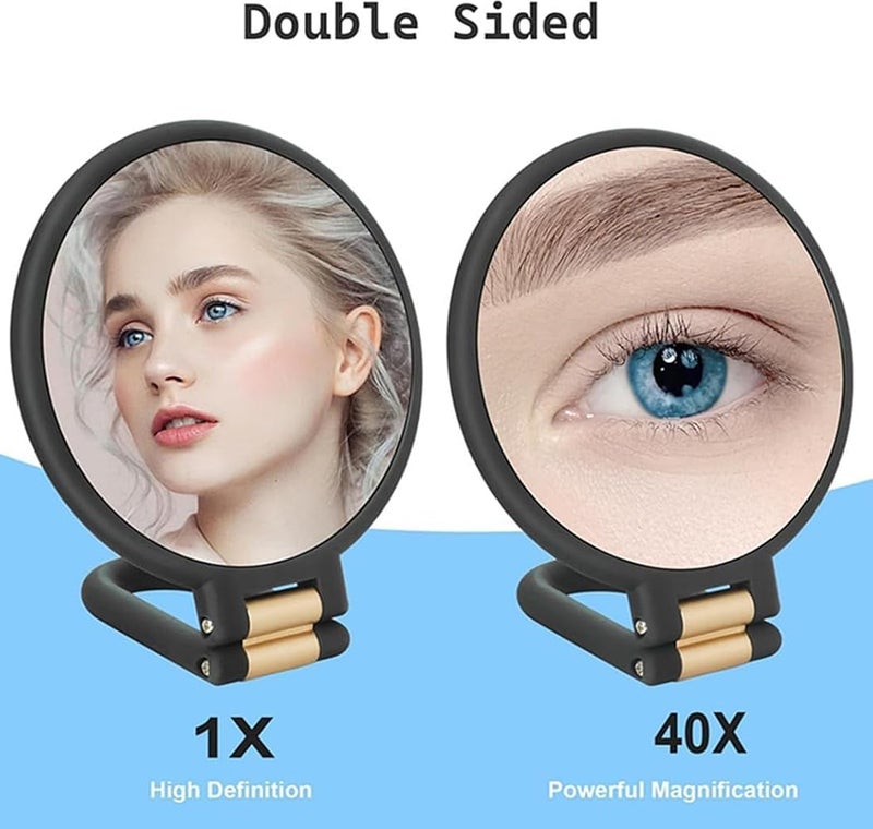 Tazweeq 40x Magnifying Mirror, Travel Hand Mirrors with Handle - Double Side Mirror, with 1X 40X Magnification & Adjustable Handle/Stand, Hand Held Foldable Travel Mirror for Makeup (Black Gold) - Image 5