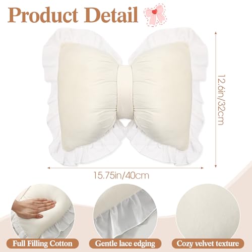 Yousoontic 2 Pcs Bow Pillows 157 126 in Coquette Throw Pillow Cute Bow Shaped Cushion Plush Lumbar Decorative for Girls Room Bed Sofa Couch CarVelvetWhite - Image 3