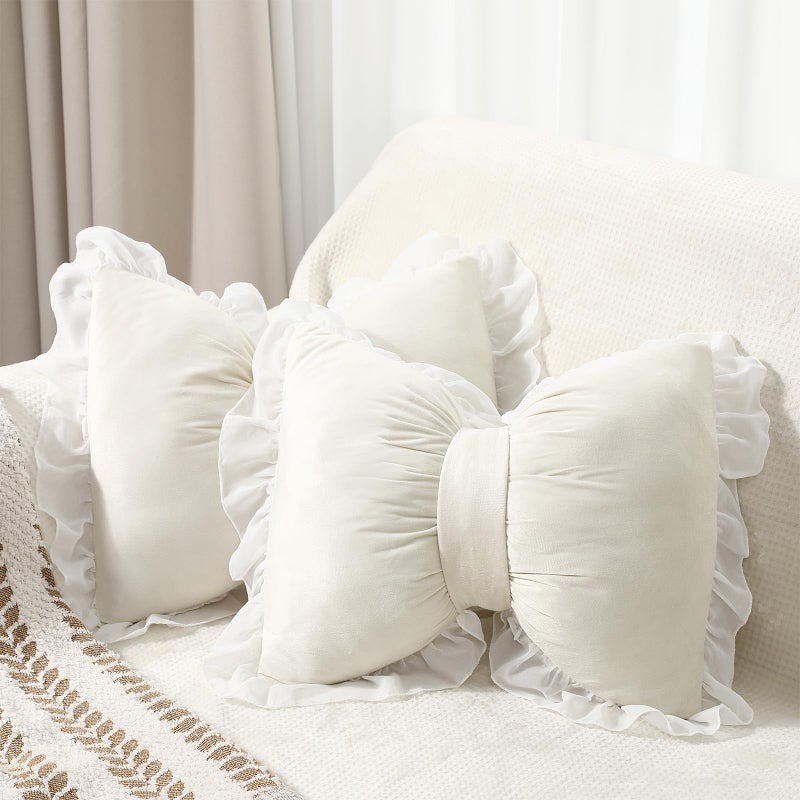 Yousoontic 2 Pcs Bow Pillows 157 126 in Coquette Throw Pillow Cute Bow Shaped Cushion Plush Lumbar Decorative for Girls Room Bed Sofa Couch CarVelvetWhite - Image 2