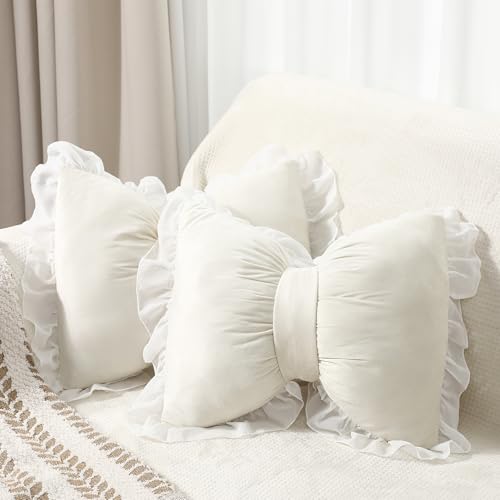 Yousoontic 2 Pcs Bow Pillows 157 126 in Coquette Throw Pillow Cute Bow Shaped Cushion Plush Lumbar Decorative for Girls Room Bed Sofa Couch CarVelvetWhite - Image 1