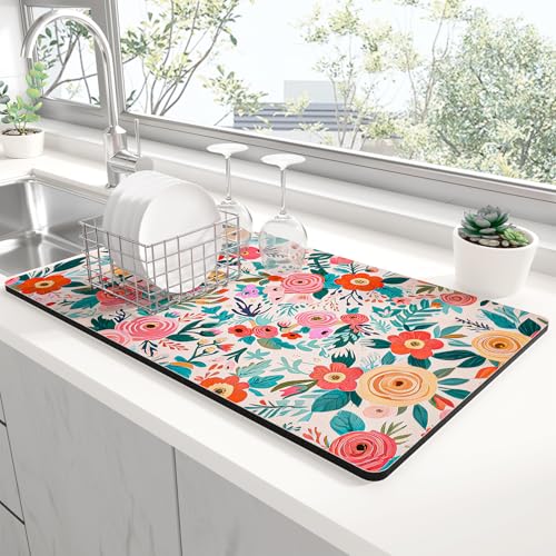 Rnivvi Dish Drying Mat for Kitchen Counter, 12 x 19" Cute Flower Super Absorbent Draining Pad, Non-Slip Heat Resistant Coffee Bar Mats for Coffee Machine Station Accessories, Colorful Dish Rack Pad - Image 1