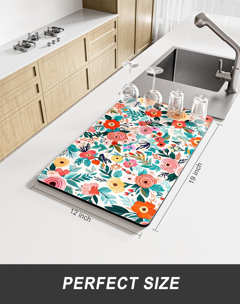 Rnivvi Dish Drying Mat for Kitchen Counter, 12 x 19" Cute Flower Super Absorbent Draining Pad, Non-Slip Heat Resistant Coffee Bar Mats for Coffee Machine Station Accessories, Colorful Dish Rack Pad - Image 2