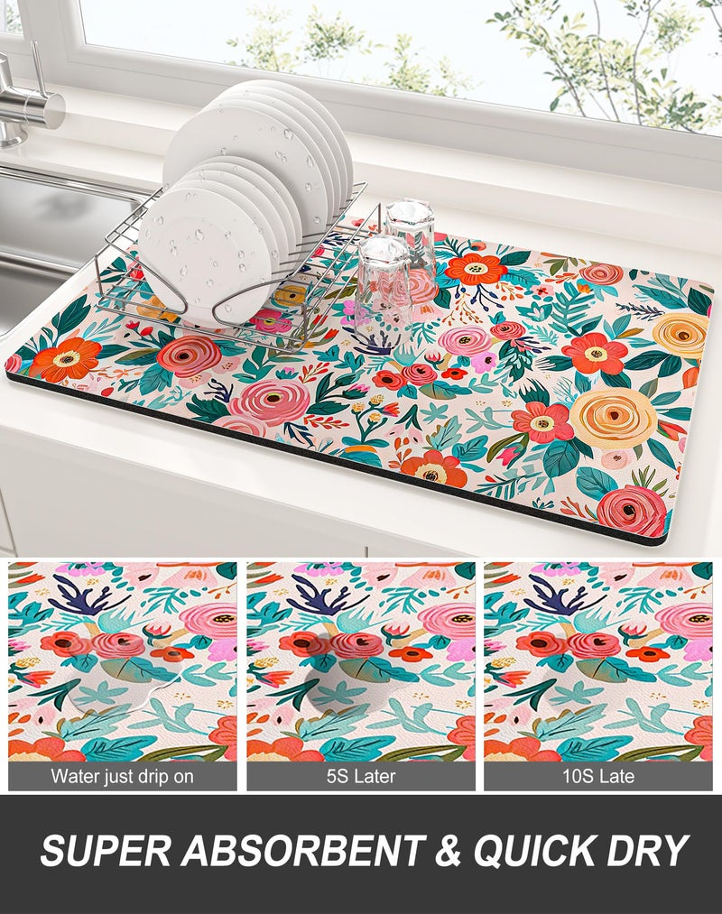 Rnivvi Dish Drying Mat for Kitchen Counter, 12 x 19" Cute Flower Super Absorbent Draining Pad, Non-Slip Heat Resistant Coffee Bar Mats for Coffee Machine Station Accessories, Colorful Dish Rack Pad - Image 3